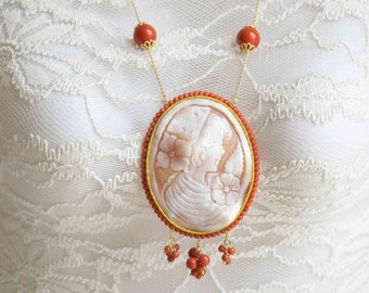 Torre del Greco sardonische schelp cameo ketting en koraalpasta, zilveren ketting, Italiaanse ketting