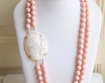 2-strand pink coral paste necklace and sardonic shell cameo from Torre del Greco, 925 silver, Italian necklace