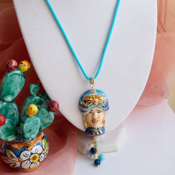 Collana Testa di Moro Donna, ceramica di Caltagirone Donna, Onice, Perle Naturali e Pasta di Turchese, collana Siciliana