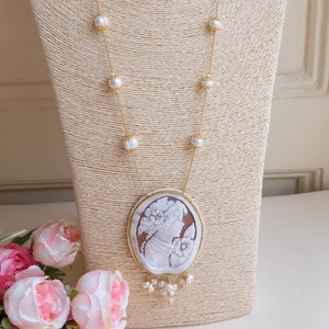 Torre del Greco sardonic shell cameo necklace and natural pearls, gilded silver sautache necklace, Italian necklace