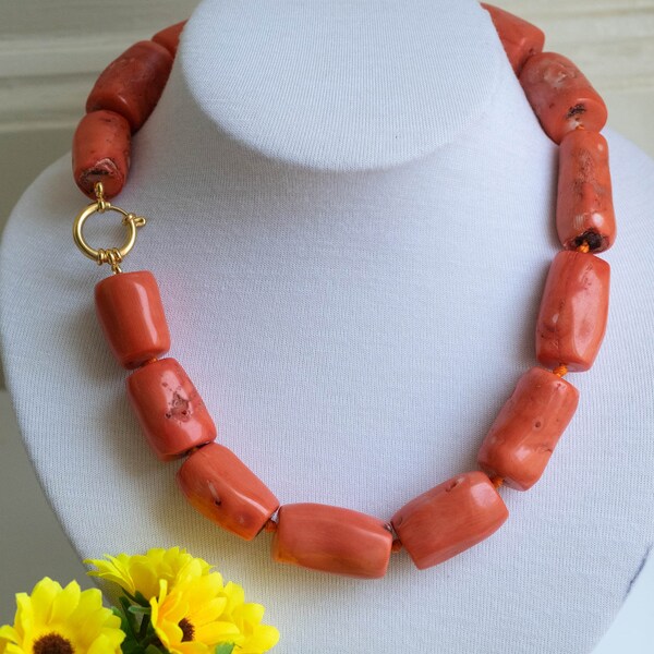 Maxi collier en corail bambou, gros tonneaux, laiton, collier précieux