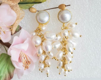 Natural white pearl cluster earrings, brass, Italian earrings