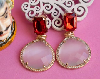 Pendientes de cristal rojo, ojo de gato blanco, circonitas, latón, pendientes italianos