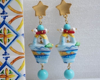 Sicily terracotta jewelry Elegant Sicilian blue and gold boho earrings original mother or bride friend gift. Victorian pendants