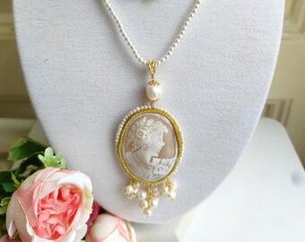 Torre del Greco DAMA cameo necklace, natural pearls, 925 silver, Italian long necklace