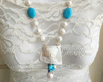 Torre del Greco Véritable Collier Cameo, Perles, Turquoise, Argent 925, Collier Italien