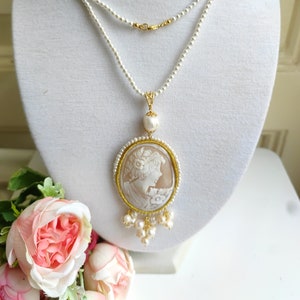 Collar de camafeo DAMA Torre del Greco, perlas naturales, plata 925, collar largo italiano imagen 1