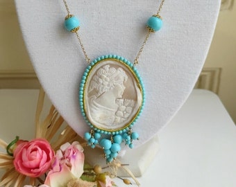 Torre del Greco sardonische schelp cameo ketting en turquoise pasta, zilveren ketting, Italiaanse ketting