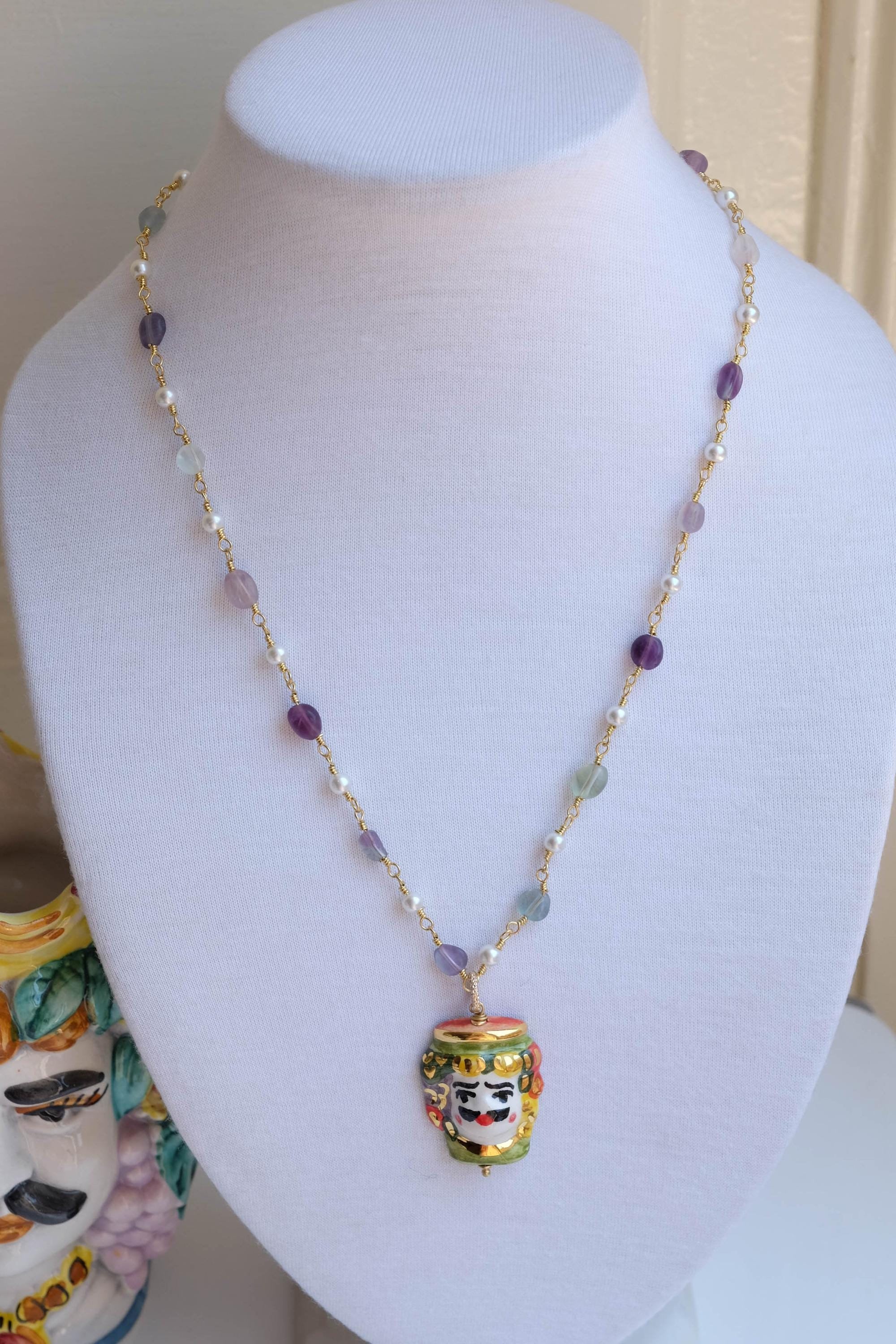 Sicily Necklace, Moor's Head Man in gold leaf Caltagirone ceramic, amethyst rosary, fluorite, Majorca micropearls