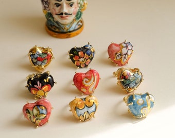 Caltagirone Ceramic Heart Ring, 9 Patterns, Adjustable Ring, Sicilian Ring