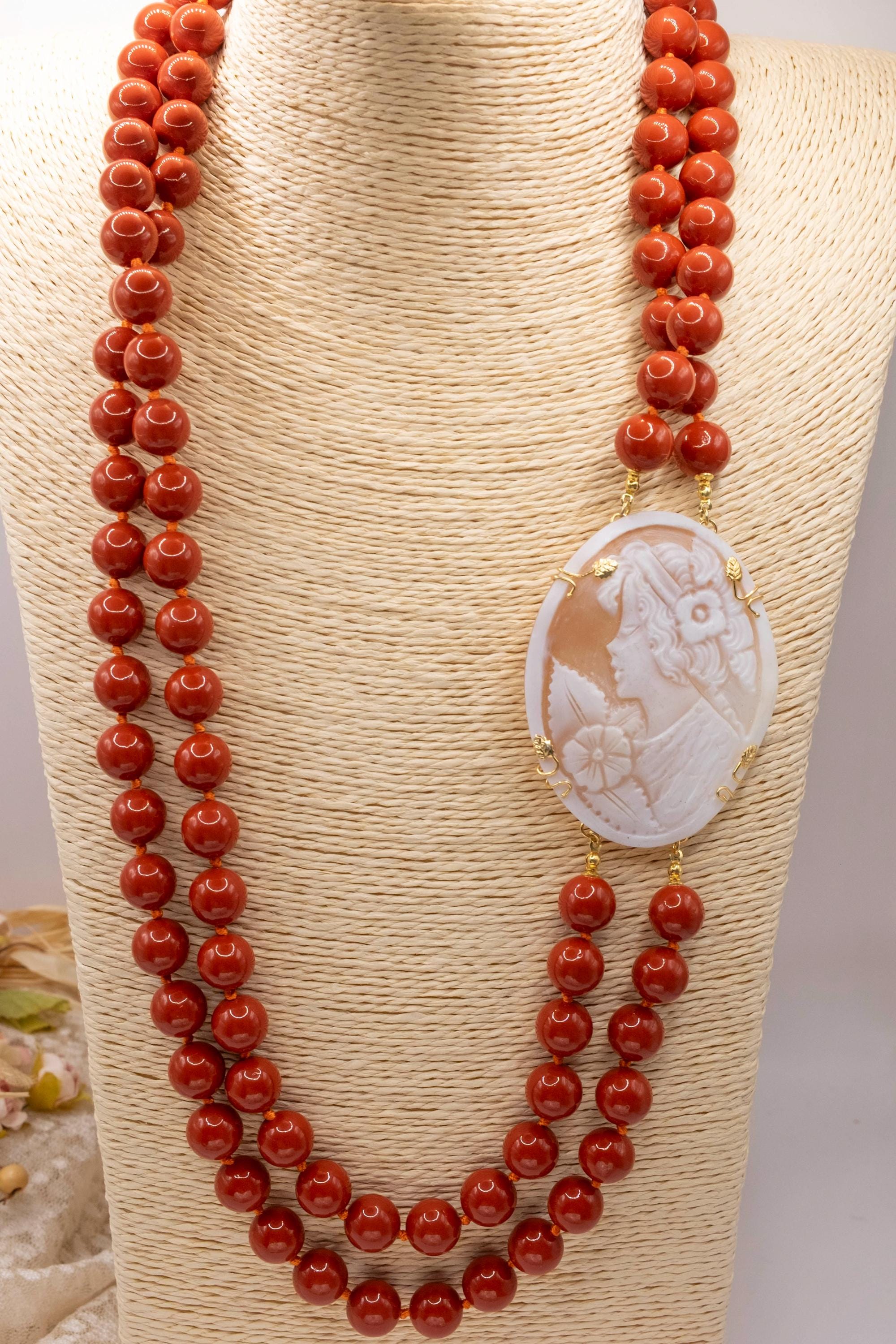 Red coral paste and cameo necklace Sicilian handcrafted necklace