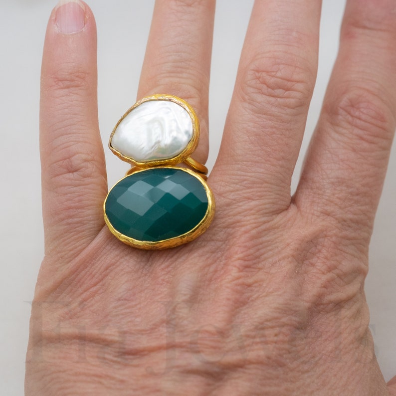 Natural pearl ring brass faceted emerald root adjustable ring Italian ring