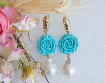 Turquoise ROSE earrings, natural baroque drop pearl, brass, Italian dangle earrings