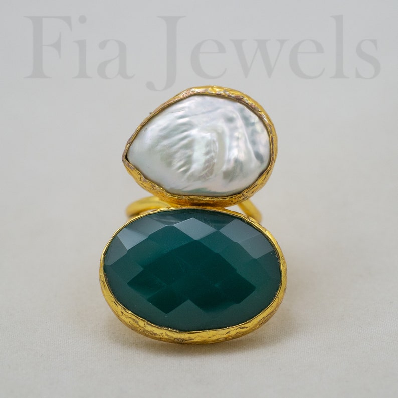 Natural pearl ring brass faceted emerald root adjustable ring Italian ring