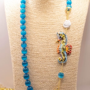 Ceramic Seahorse and Blue Cat's Eye Décolleté Necklace | Handmade Necklace