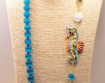 Ceramic Seahorse and Blue Cat&#39;s Eye Décolleté Necklace | Handmade Necklace