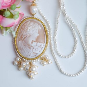 Torre del Greco DAMA cameo necklace, natural pearls, 925 silver, Italian long necklace image 5