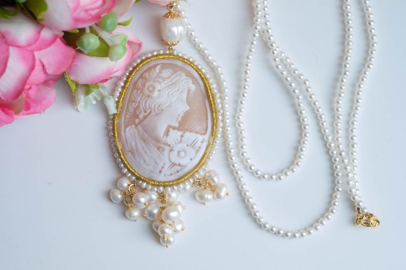 Torre del Greco DAMA cameo necklace, natural pearls, 925 silver, Italian long necklace image 5