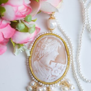 Torre del Greco DAMA cameo necklace, natural pearls, 925 silver, Italian long necklace image 2