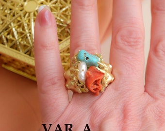 Anillo con coral crudo natural, 3 variaciones, turquesa y perla natural, latón, anillo ajustable, anillo italiano