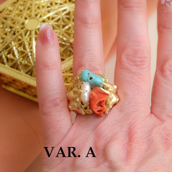 Anello con corallo grezzo naturale, 3 varianti, turchese e perla naturale, ottone, anello regolabile, anello italiano