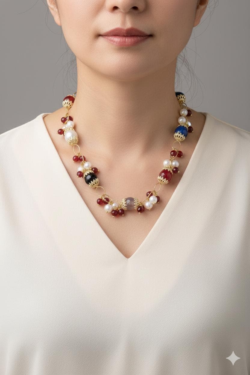 Handmade Necklace Burgundy Jade Onyx Blue Agate Citrine Quartz Pearls 925 Silver
