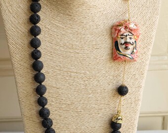 Necklace in lava stone, Caltagirone ceramic, Moor&#39;s head and pearl