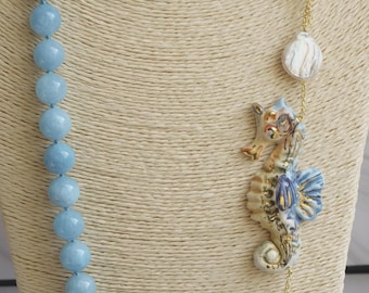 Natural angelite necklace, Caltagirone ceramic seahorse with 22kt gold leaf, pearl, brass necklace, Sicilian necklace