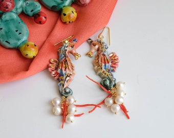 Seahorse Earrings in Caltagirone Ceramic, Silver, Natural Pearls and Coral, Handmade, Unique