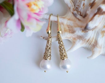 Earrings with pearls, brass filigree, gold plated 925 silver, wedding earrings, Italian earrings