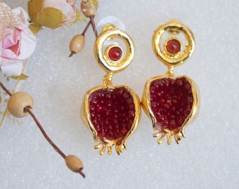 Pendant earrings with auspicious pomegranate, brass and ruby quartz