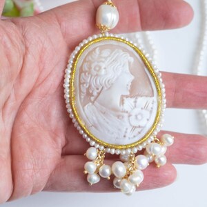 Torre del Greco DAMA cameo necklace, natural pearls, 925 silver, Italian long necklace image 6
