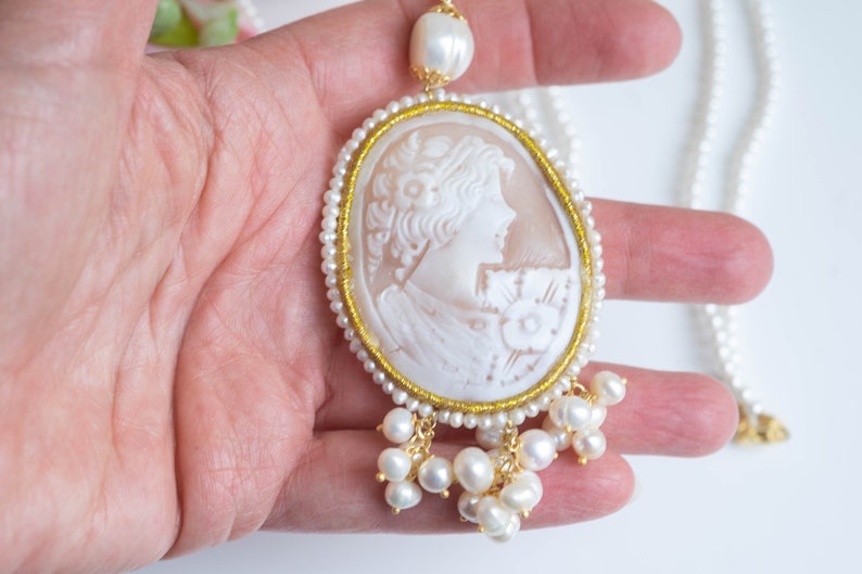 Torre del Greco DAMA cameo necklace, natural pearls, 925 silver, Italian long necklace image 6