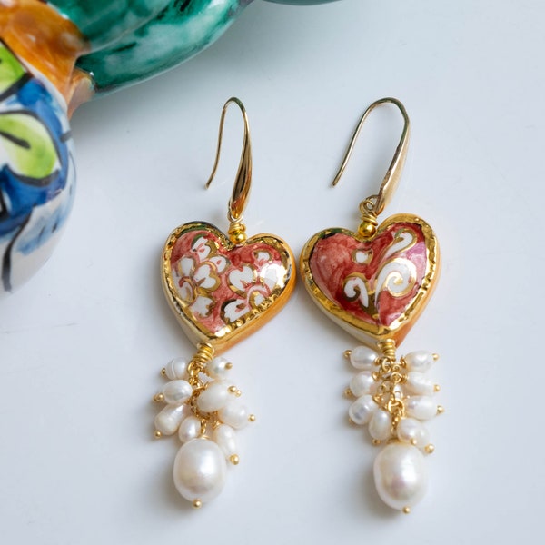 Caltagirone ceramic earrings Heart, Cluster of Pearls, Sicilian earrings