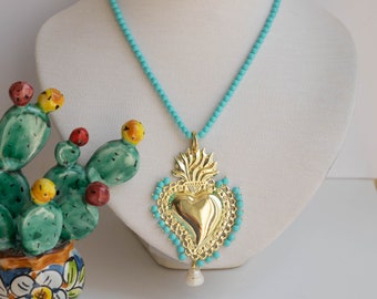 Ex Voto Sacred Heart Necklace, turquoise paste, pearl, brass, Italian necklace