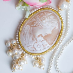 Torre del Greco DAMA cameo necklace, natural pearls, 925 silver, Italian long necklace image 3