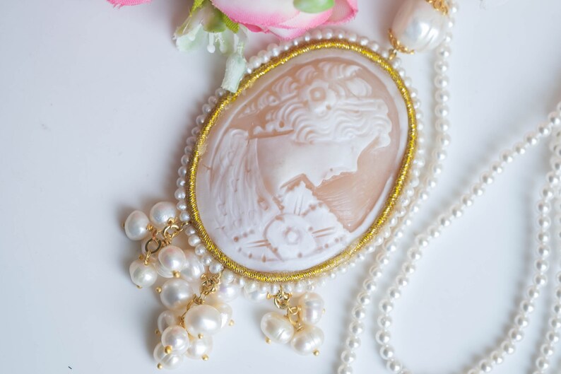 Torre del Greco DAMA cameo necklace, natural pearls, 925 silver, Italian long necklace image 3