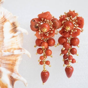 FLOWERS natural red coral earrings, red pearls, brass, Italian earrings