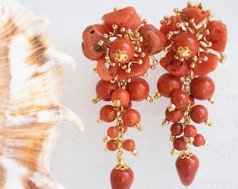 Pendientes FLORES de coral rojo natural, perlas rojas, latón, pendientes italianos