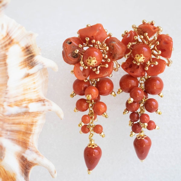 Boucles d'oreilles FLOWERS corail rouge naturel, perles rouges, laiton, boucles d'oreilles italiennes