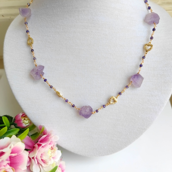 Collier pierre dure naturelle AMETHYSTE naturelle, chapelet en laiton, coeurs zircon, 2 longueurs, collier italien