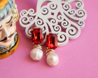 Red crystal earrings, natural pearls, brass, Italian earrings