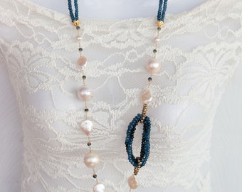 Multi-strand necklace in faceted sapphire root and natural pearls, 2-strand necklace, Italian necklace