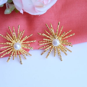 Capri Fireworks Big Earrings, Brass, pearls, vintage style earrings, Italian earrings