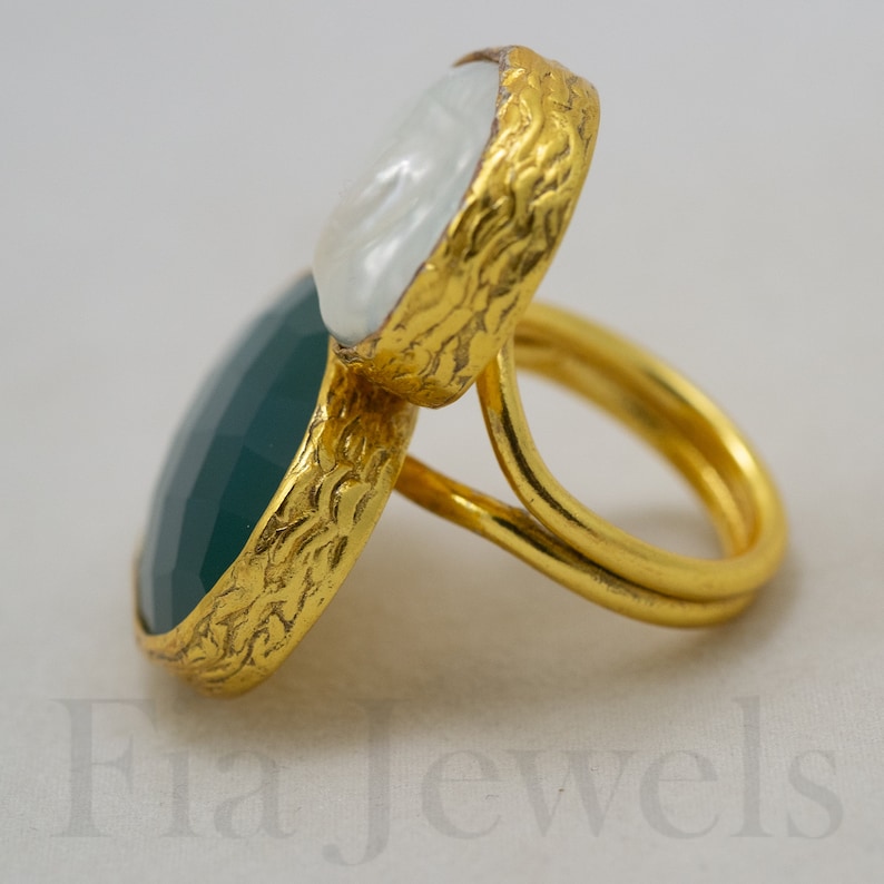 Natural pearl ring brass faceted emerald root adjustable ring Italian ring