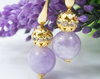 Earrings with 14 mm natural amethyst and golden boule with crystals, brass stud, precious jewels, Italian earrings