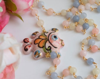 Sicily necklace, gold leaf Caltagirone ceramic fish, pink jade rosary