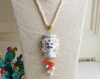 Testa di Moro necklace, Caltagirone ceramic, pearls, coral, Sicilian necklace