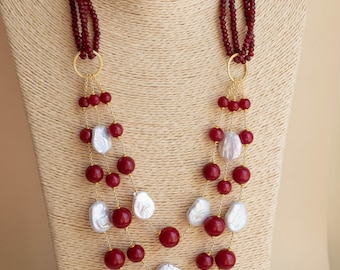 Collana multifilo radice di rubino giada rubino, perle, collana 3 fili, collana Italiana