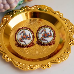 Round ceramic tile earrings from Caltagirone, red beads, Sicilian Trinacria design